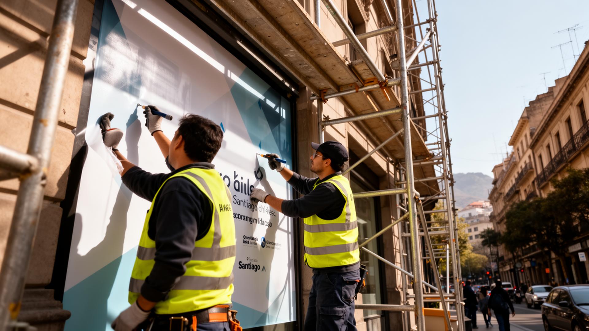 Operarios de Milamark instalando gráfica publicitaria en fachada